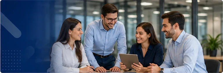 Equipo colaborando en oficina corporativa